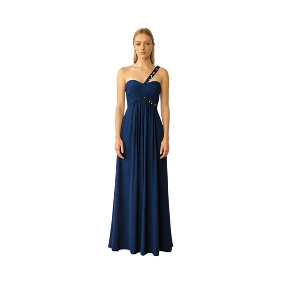 BCBGMaxAzria silk Navy blue Dress with Gold Accents One-Shoulder Evening Gown - Picture 1 of 11